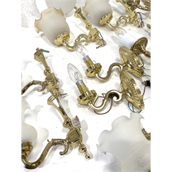 Pair of brass two branch wall lights with glass shades, two single branch lights and various other wall lights