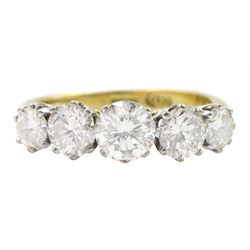 18ct gold five stone round brilliant cut diamond ring, stamped, total diamond weight approx 1.80 carat