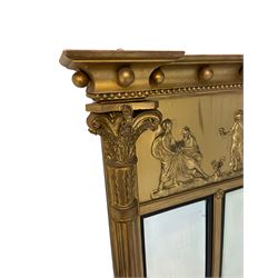 19th century giltwood and gesso overmantel mirror, stepped and moulded globular cornice over frieze decorated in relief with classical Roman chariot scene, three bevelled plates enclosed by ebonised mouldings, flanked by lobed half pilasters with scrolled acanthus leaf capitals