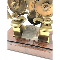 Victorian circa. 1864 brass skeleton clock, twin fusee movement striking on bell, pierced silvered Roman chapter ring, on rosewood plinth with inscribed presentation plaque '...to Mr Smith... British School Committee... Jan 1864', with pendulum, total height of clock including plinth - 41cm