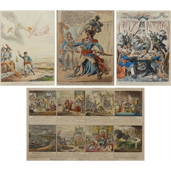 After James Gillray (British 1756-1815): 'Democracy - or a Sketch of the Life of Buonaparte', 'Buonaparte hearing of Nelson's Victory...', 'Buonaparte leaving Egypt', and 'The French Consular Triumvirate settling the New Constitution', four Napoleonic interest hand-coloured engravings pub. in 'The Works of James Gillray from the Original Plates with the Addition of Many Subjects Not Before Collected' by Henry G. Bohn, London c.1847, plates 252, 218, 250, and 254, respectively, max 29cm x 47cm (4) 
Provenance: all purchased by the vendor from Storey's, Cecil Court, London