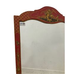 Chinoiserie design mirror, red and gilt finished wood frame, the shaped pediment painted with a pagoda scene