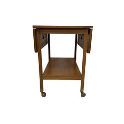 Mid-20th century teak drop-leaf two-tier drinks trolley, rectangular top, on square supports with castors