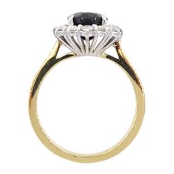 18ct gold oval sapphire and round brilliant cut diamond cluster ring, hallmarked, total diamond weight approx 0.55 carat, sapphire approx 2.60 carat