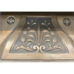 Cast metal tile back fire insert with floral Art Nouveau design to the hood W97cm, H97cm, D25cm