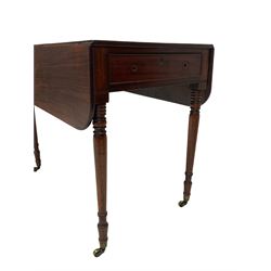 George III mahogany Pembroke table, figured drop-leaf top over single drawer to end, on turned supports with brass cups and castors