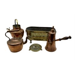 19th century copper coffee pot with turned oak handle, 19th century copper kettle, 'The Cup That Cheers' pierced brass advertising trivet, brass planter together with an Eastern brass and copper flagon (5) 