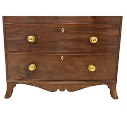 Late 19th century mahogany bow-front chest, figured frieze over two short and three long drawers with brass handles and bone escutcheons, shaped apron and splayed bracket feet 