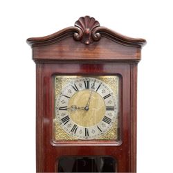 20th century  mahogany cased Longcase clock -  shaped pediment with a  carved shell motif, fully glazed door on a stepped plinth with rounded corners and block feet, 12