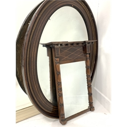 White painted pine over mantel mirror with bevelled plate (94cm x 127cm) together with a Georgian style walnut and beech framed wall mirror (39cm x 57cm) and an oval wall mirror (91cm x 68cm)