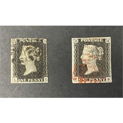 Two Queen Victoria penny black stamps, one with black and one with red MX cancel 
