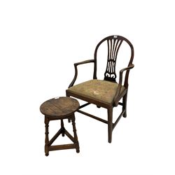 19th century carver chair with oak occasional table raised on turned supports 