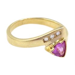 14ct gold trillion cut pink sapphire and round brilliant cut diamond ring, stamped