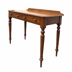 Victorian mahogany side table, fitted with two drawers, raised on turned supports W106cm