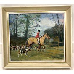 E Charles (British contemporary): Hunting Scene, oil on board signed, dressage scene painted on the verso 30cm x 34cm