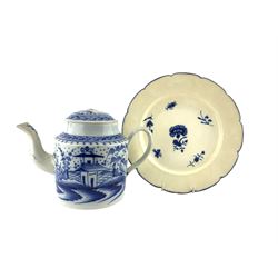 Late 18th century English Pearlware teapot and cover, of cylindrical form, painted in cobalt with the Pagoda and Fence pattern, H17cm, together with a late 18th century French Chantilly porcelain plate, painted in blue with a carnation, insects and scattered sprigs within a osier moulded border, D24.5cm (2)
