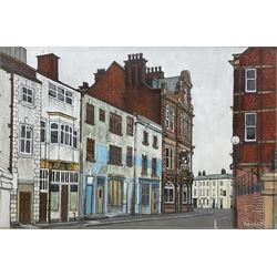 Radcliffe (British 20th century): Dock Street Leeds with View of the Adelphi, oil on board signed and dated '89, 50cm x 75cm