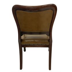 William IV rosewood elbow chair, shaped back over scrolled arm terminals, upholstered in olive green leather, raised on turned reeded supports with carved acanthus leaves