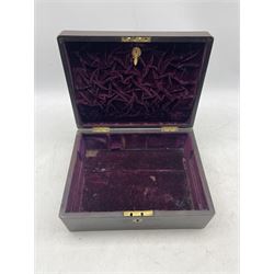 Victorian rosewood  jewellery box with campaign style handles, brass border and cartouche, lacking fitted tray, L30.5cm 