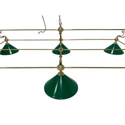 Brass snooker or billiards table suspended ceiling light fitting, rectangular tubular frame fitted with six green finish metal conical shade, with scroll work decoration 
