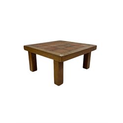 Oak and terracotta tiled coffee table, the square and tiled top raised on square supports W84cm, H42cm, D84cm 