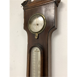 19th century wheel barometer by T Pini, Red Lion Square, London, with thermometer, hydrometer, mirror and spirit level in mahogany banjo pattern case with 20cm dial