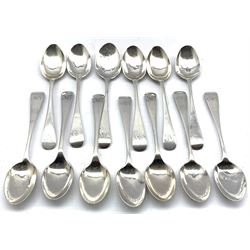 Set of eight Victorian silver Old English pattern tea spoons engraved with initials London 1889 Maker Aldwinckle & Slater and five silver tea spoons engraved with a monogram 7oz