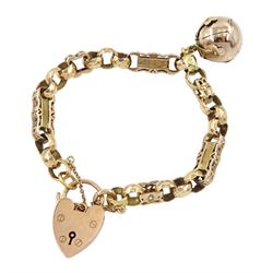 Victorian 9ct rose gold fancy link bracelet, stamped 9.375 with later heart locket clasp hallmarked and a gold mounted masonic opening ball charm stamped 9ct