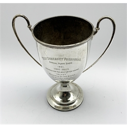 Silver two handled trophy inscribed 'West Somerset Foxhounds Annual Puppy Show 1901' on a pedestal foot H23cm London 1900 15.1oz