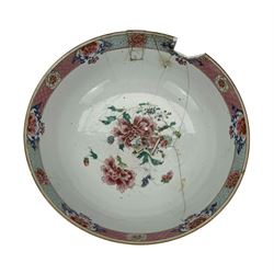 18th century Chinese Export Famille Rose punch bowl, enamelled with Peony, Exotic Birds and diaper, D27cm 