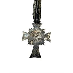 German WWII silver 'Der Deutschen Mutter' mothers medal inscribed '16 Dezember 1938' and with ribbon
