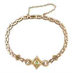 Early 20th century 9ct rose gold peridot, seed pearl and blue stone set bracelet