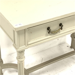 19th century French style two drawer side table, on turned and fluted supports connected by curved stretchers,  grey painted and waxed finish, W92cm, H77cm, D53cm