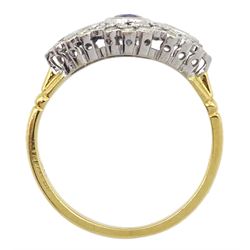 18ct gold three stone pear and oval cut sapphire ring, with diamond surround