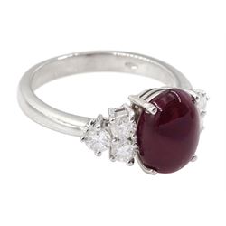 18ct white gold cabochon cut ruby and six stone round brilliant cut diamond ring, hallmarked, ruby approx 3.70 carat, total diamond weight approx 0.55 carat