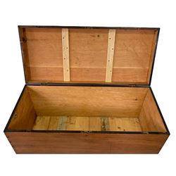 Victorian stained pine blanket box, hinged lid revealing plain interior, carry handles to each end, raised on a skirted base and castors, 2cm x 55cm, H65cm