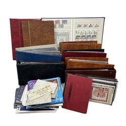Great British and World stamps including small number of pre-stamp letters, Queen Elizabeth II mint decimal and pre-decimal stamps in albums and presentation packs, Queen Victoria stamps including penny reds etc, in one box