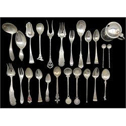 Pair of 19th century Dutch silver ornamental forks with engraved decoration, Dutch silver spoon by Abeelen, Schoonhoven, Dutch caddy spoon and other pieces of Dutch silver together with an English silver mustard pot.8oz