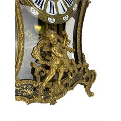 Duchemin of Paris -  Imposing mid-19th century 8-day Louis XV style
ebony and brass inlaid Boulle clock, with a serpentine shaped case surmounted by a detachable top with a winged angel holding a trumpet, with brass scrolling inlaid foliate decoration to the door, front, sides and pediment, case raised on conforming scroll mounts, enamel dial with makers name on the dial and movement backplate, cartouche Roman and Arabic numerals, fully glazed door with putti and visible pendulum, five pillar twin train going barrel movement, recoil anchor escapement and countwheel strike, striking the hours and half hours on a bell.  With key and associated pendulum.