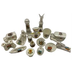 Quantity of WWI crested ware including Lighthouse damaged by German warships, machine gun, French field gun, torpedo boat, ambulance, beret, bust of Tommy Atkins etc by Willow Art, Arcadian, Shelley and others (16)