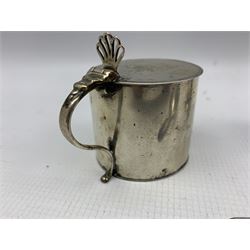 Georgian silver circular mustard pot engraved with a crest, Georgian sugar sifter and a George IV silver caddy spoon 7.9oz (3)