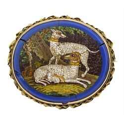 19th century gold mounted micro mosaic brooch depicting pair of dogs with puppies by a tree 