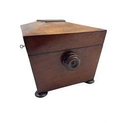 Mid 19th century mahogany sarcophagus shape tea caddy, the interior with two covered containers and bowl recess on compressed bun feet L31cm