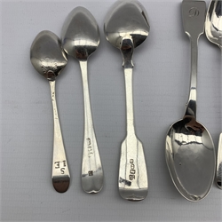 Five George III engraved silver tea spoons London 1798 Maker Peter and Ann Bateman, three York silver tea spoons by Barber, Cattle and North, six various 18th/19th century tea spoons and a pair of early 19th century silver sugar tongs 5oz