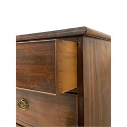 19th century mahogany bow front chest, fitted with two short and three long cockbeaded drawers with brass urn handles, the shaped apron flanked by bracket feet