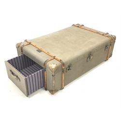 Canvas, wooden and metal bound steamer trunk style coffee table with drawer to each end, 84cm x 132cm, H44cm