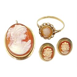 Gold cameo brooch, ring and pair of earrings, all 9ct hallmarked or stamped