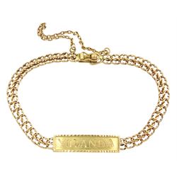Gold identity bracelet with engraved name 'Yulanda' and dated to reverse, tested 16ct, approx 7.1gm