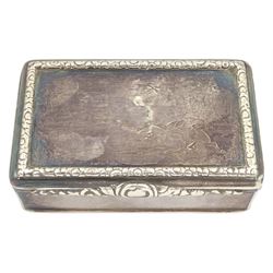 George IV silver rectangular snuff box, the hinged lid engraved with a hunting scene (worn), with raised border and gilded interior 8cm x 5cm London 1827 Maker John Jones III 5oz  Provenance:  3rd Earl of Feversham