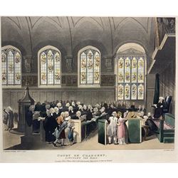 After Thomas Rowlandson (British 1756-1827) and Augustus Pugin (British 1762-1832): 'Court of Chancery Lincoln's Inn Hall', engraving with hand colouring pub. 1808 together with 'Smiling Showers or Ducks in Delight', engraving with hand colouring pub. early 19th century by Thomas McLean max 24cm x 30cm (2)